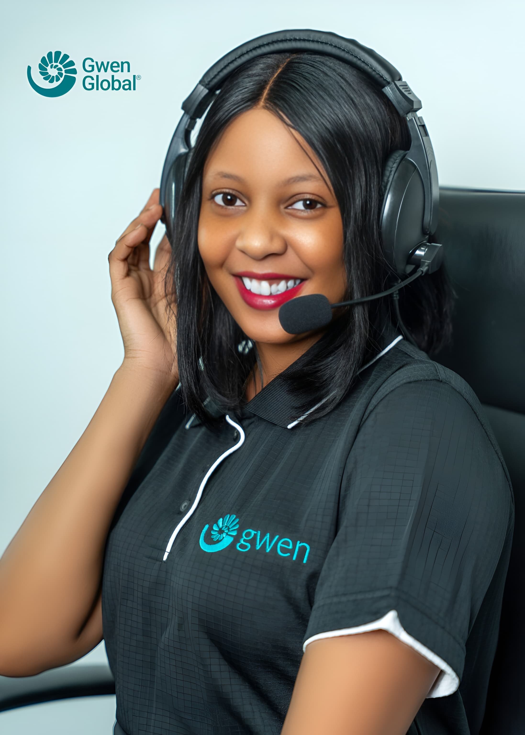 Gwen Global consultant wearing a headset